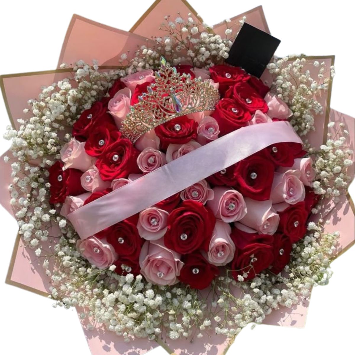50 Pink + Red Luxury Roses Bouquet with Queen's Crown - NYC Bouquet Delivery