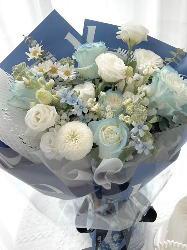 Morning Dew Wrapped Bouquet – White and Blue Roses, Daisies, and Chrysanthemums - NYC Bouquet Delivery