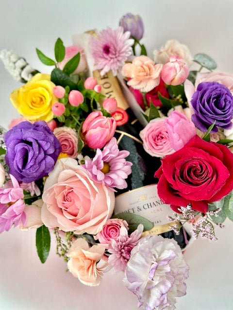 Champagne Half Bottle Flower Gift Box – Elegant Celebration Arrangement - NYC Bouquet Delivery