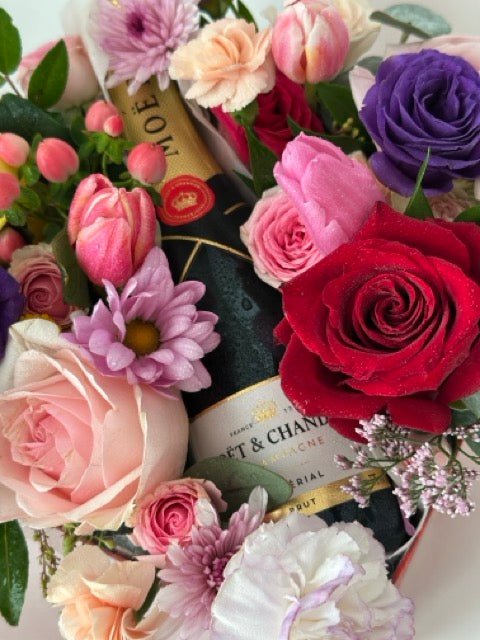 Champagne Half Bottle Flower Gift Box – Elegant Celebration Arrangement - NYC Bouquet Delivery