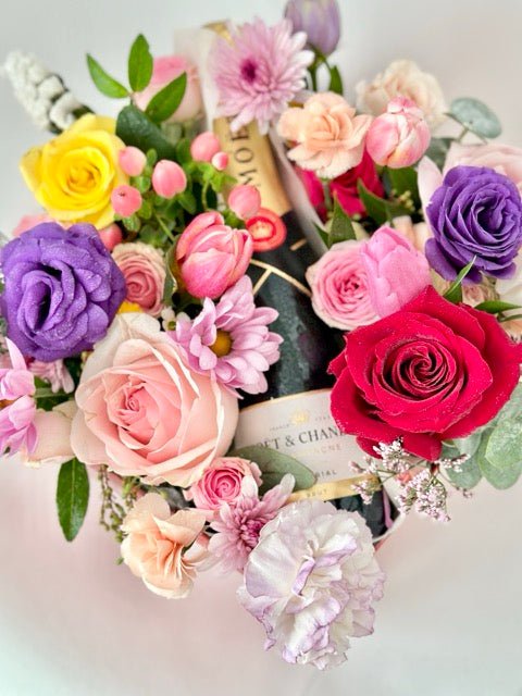 Champagne Half Bottle Flower Gift Box – Elegant Celebration Arrangement - NYC Bouquet Delivery