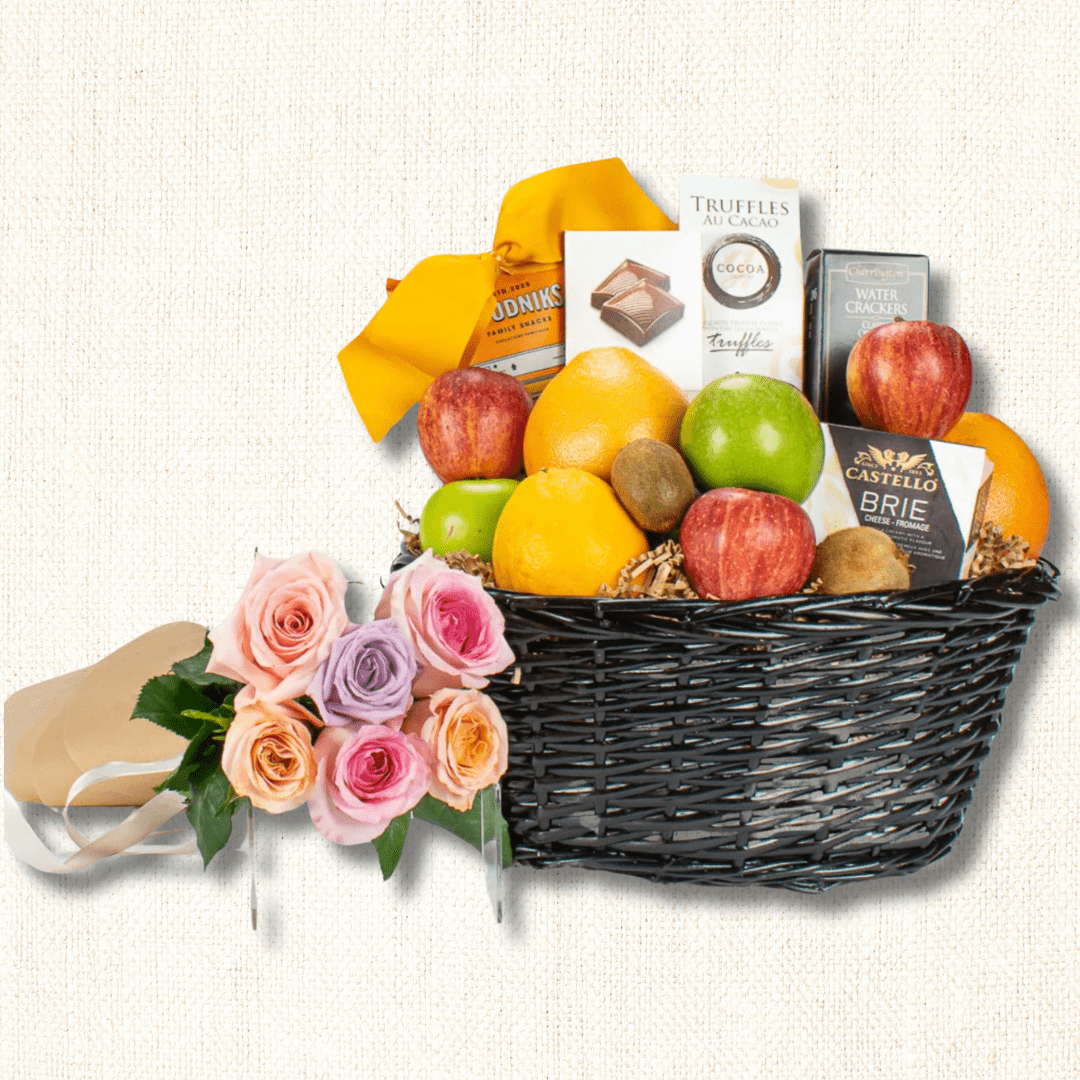 NYC Fruit, Cheese & Mini Bouquet Gift Basket - NYC Bouquet Delivery