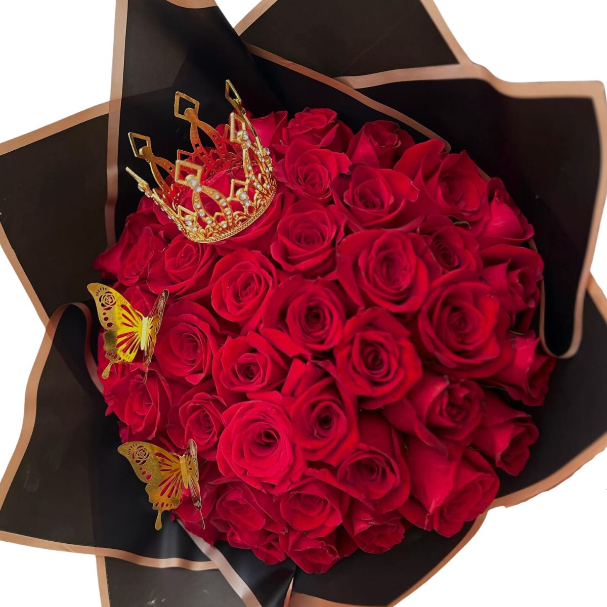 50 Only Red Luxury Roses Bouquet with Queen's Crown - NYC Bouquet Delivery