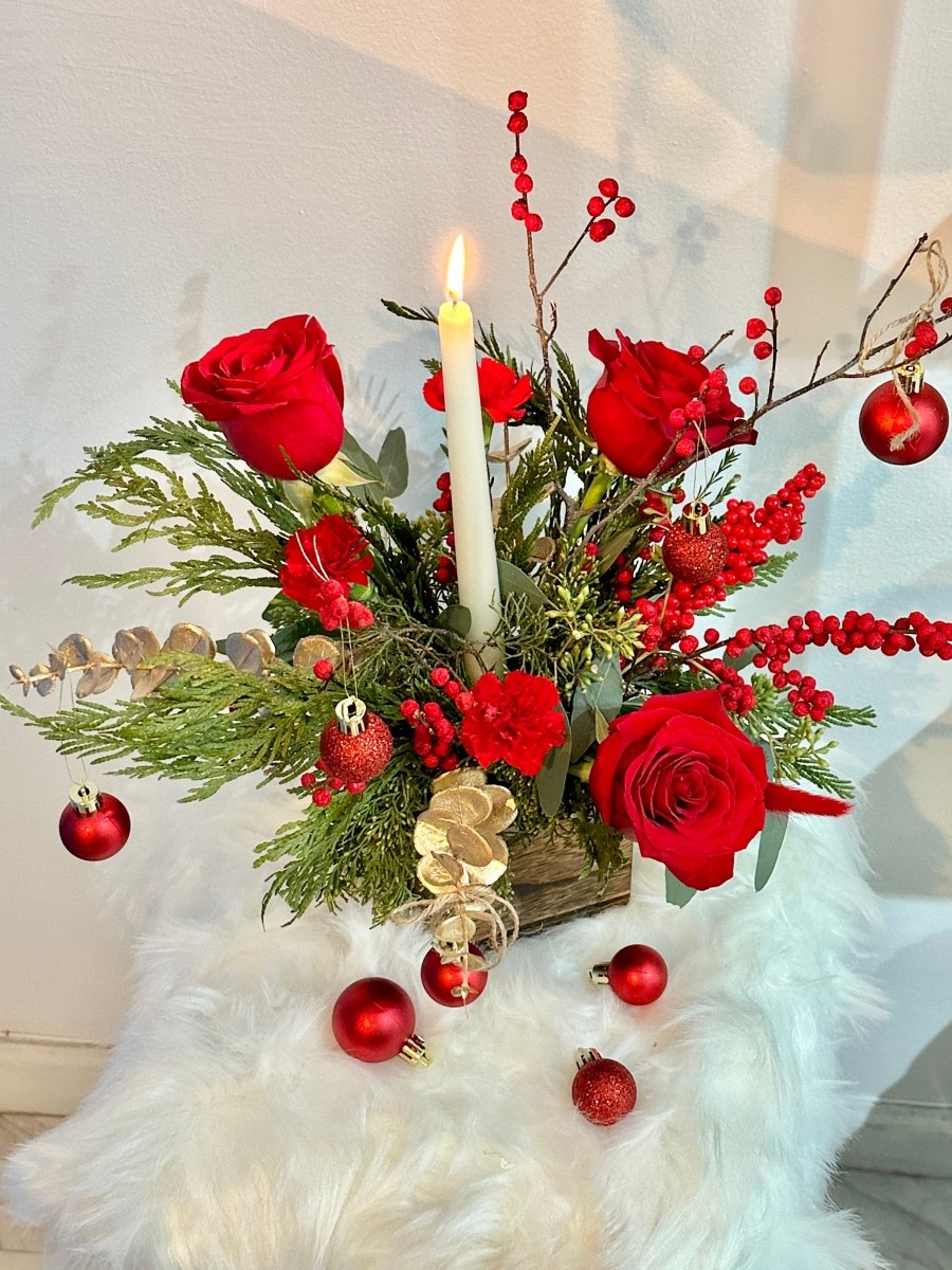 Red Holiday Candle Centerpiece - KKOT Floral Studio | Jersey City Florist & Same - Day Delivery