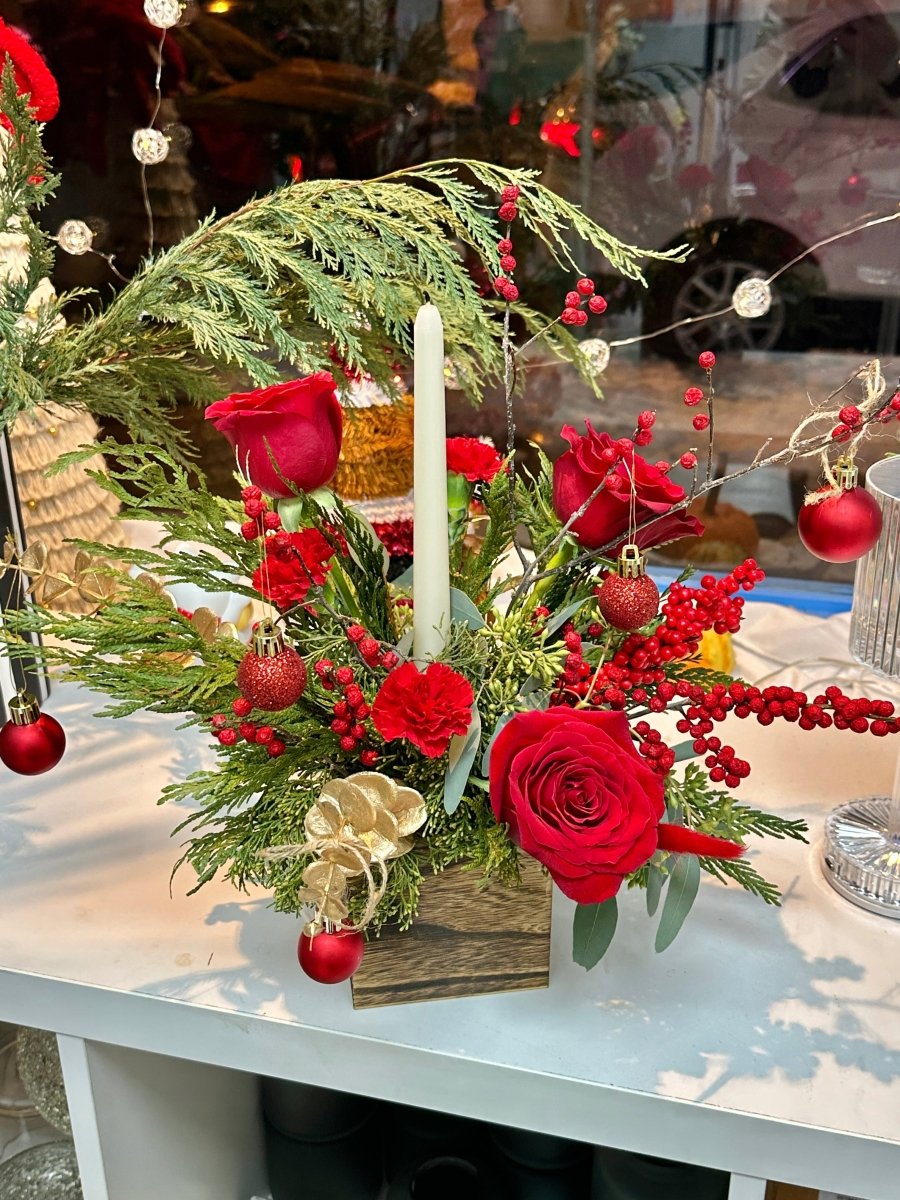 Red Holiday Candle Centerpiece - KKOT Floral Studio | Jersey City Florist & Same - Day Delivery