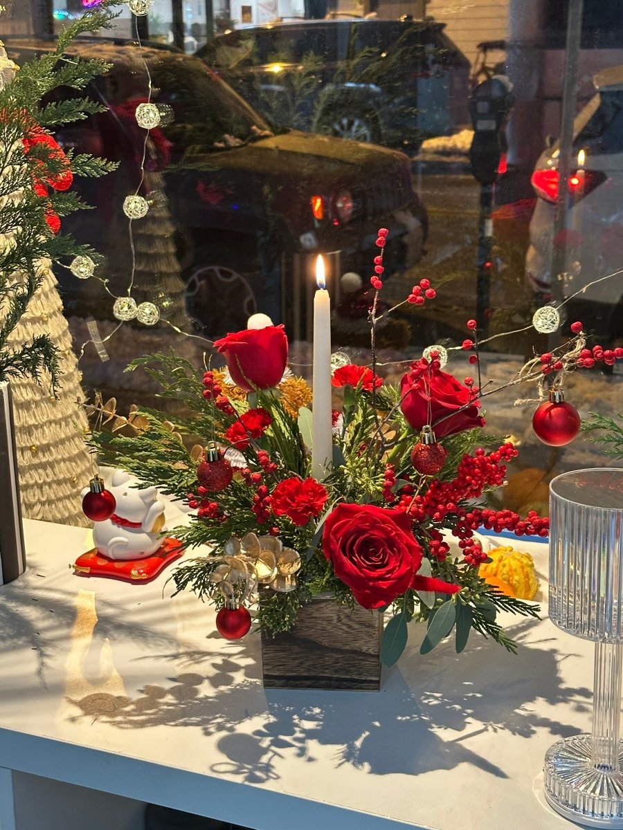 Red Holiday Candle Centerpiece - KKOT Floral Studio | Jersey City Florist & Same - Day Delivery