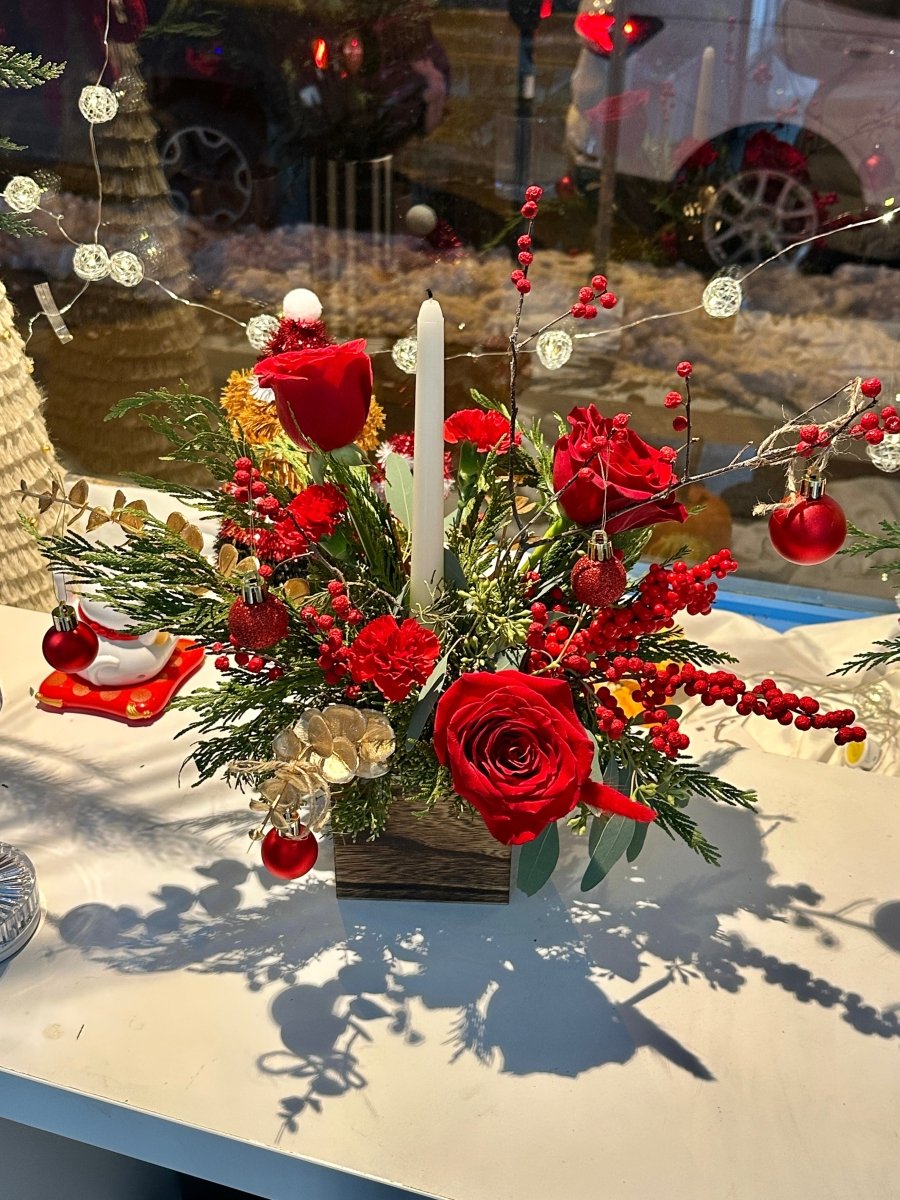 Red Holiday Candle Centerpiece - KKOT Floral Studio | Jersey City Florist & Same - Day Delivery